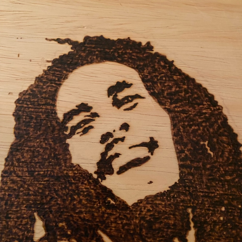 Wood burned picture of Bob Marley
